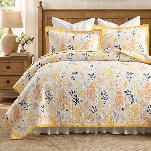 Vista 12 de Juego de edredón 100% algodón tamaño Queen, colcha floral suave prelavada, juego de ropa de cama ligera de 3 piezas para todas las estaciones, ropa