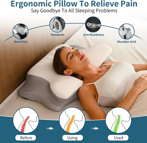 Vista 3 de Ylekto Almohada cervical para el cuello para aliviar el dolor, almohada ergonómica para dormir de lado para dormir, almohadas de espuma Gris claro