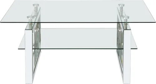 Vista 4 de Mesa de café moderna de vidrio para sala de estar, oficina, mesa de centro rectangular de 2 niveles de 39.4 pulgadas con patas espejadas, mesa