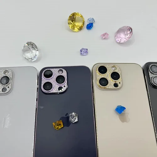 Vista 4 de Paquete de 2 fundas protectoras completas para lente de cámara compatibles con iPhone 3D con diamantes brillantes y brillantes, accesorios