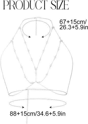 Vista 3 de Asooll Brasier bohemio en capas, cadena de cuerpo de cristal brillante, cadena de pecho para playa, BIkini fiesta, club, joyería corporal