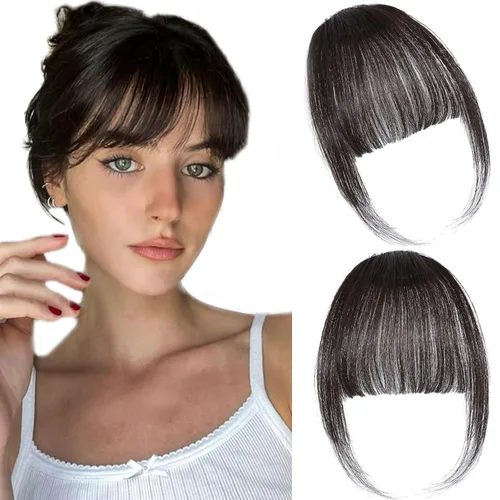 Vista 4 de ELEFOCUS Flequillo con clip, extensiones de cabello humano 100% real, flequillo falso francés 18#, clip de cabello en flequillo para mujeres, flecos