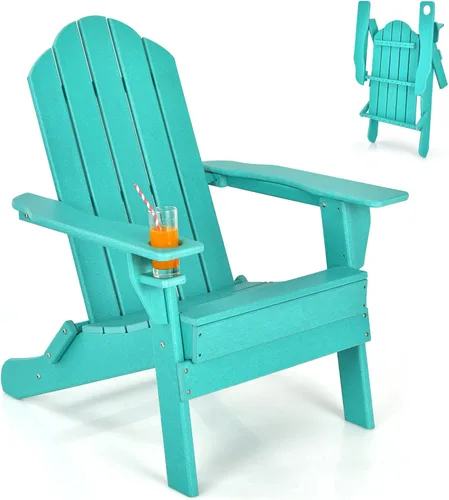 Vista 13 de Giantex Adirondack - Silla plegable para exteriores, silla de patio resistente a la intemperie de HDPE con soporte integrado para tazas, silla
