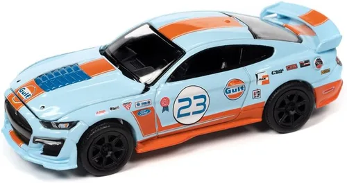 Vista 3 de Auto World CP8052 Shelby GT500#23 - Modelo de automóvil fundido a presión a 4800 piezas en todo el mundo 1/64 azul claro con rayas naranjas