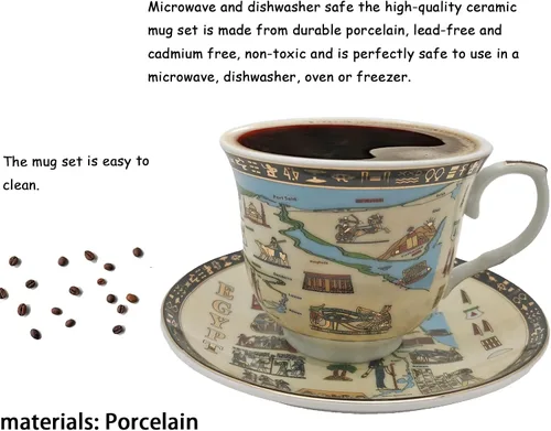 Vista 7 de Juego de tazas y platillos de café expreso de cerámica dorada egipcia, taza Demitasse de 3.4 oz/3.4 fl oz, regalo de porcelana para cumpleaños