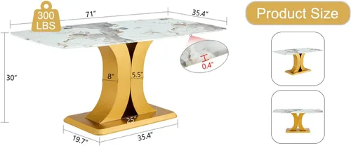Vista 8 de A Modern Minimalist Dining Table. Imitation Marbled Glass Tabletop. Gold Table Legs for Kitchen and Living Room