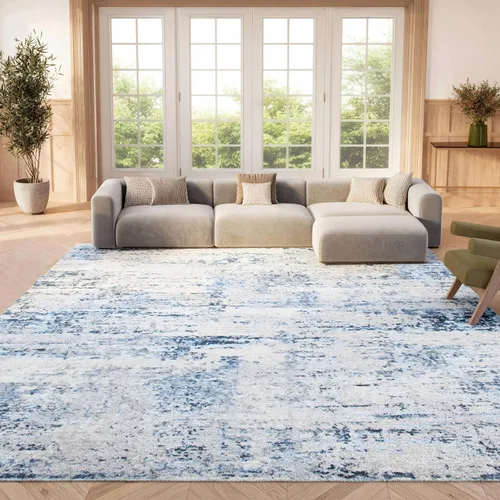 Vista 21 de SAFAVIEH Amelia Collection ALA700A - Alfombra decorativa de 2'2" x 4', diseño moderno abstracto, color marfil y azul, no desprende pelusa y de fácil