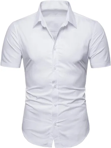 Vista 2 de LOCALMODE Camisa de vestir de algodón de ajuste regular para hombre, de manga corta, con botones