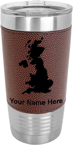 Vista 18 de LaserGram 20oz Vacuum Insulated Tumbler Mug, Country Silhouette United Kingdom, Personalized Engraving Included (Faux Leather, Baseball Style)