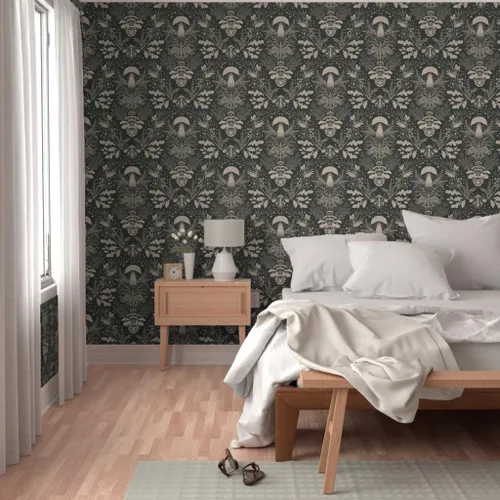 Vista 5 de Papel tapiz para despegar y pegar, diseño de damasco de bosque de hongos, verde oscuro, bosque, caracol, helecho, bellota, papel tapiz extraíble