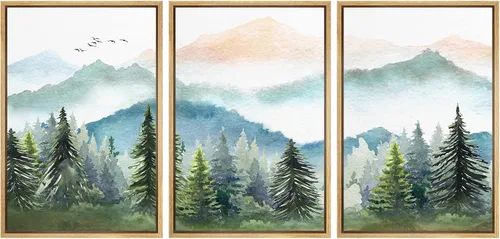 Vista 84 de MUDECOR Lienzo enmarcado para pared, juego de arte de acuarela pastel, bosque de pinos, naturaleza silvestre, ilustraciones modernas, decorativas
