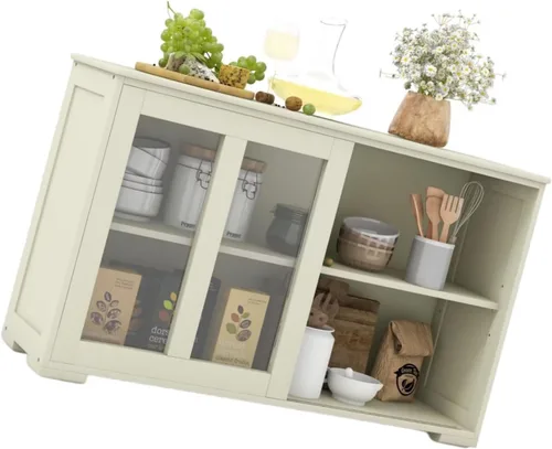 Vista 5 de Aparador de buffet compacto de 42 pulgadas con puertas correderas de vidrio y estante ajustable para comedor, sala de estar Negro