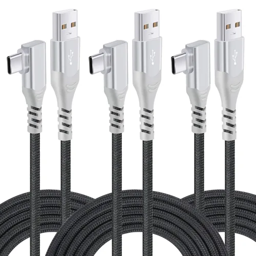 Vista 12 de Pofesun - Cable USB C [3 unidades, 6.6 pies] 3.1A tipo C cargador de carga rápida en ángulo recto, cable de carga USB C trenzado compatible