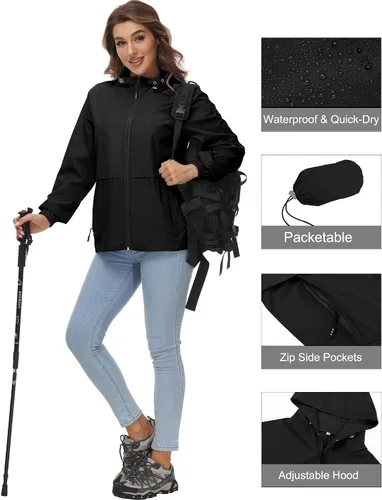 Vista 3 de Avoogue Chaqueta impermeable para mujer, ligera, plegable, con capucha, rompevientos para exteriores