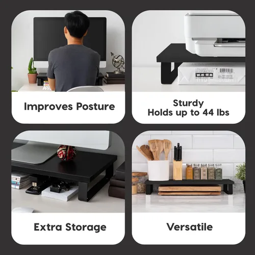Vista 3 de IRIS USA Soporte organizador de monitor de PC moderno multiusos de 1 nivel con patas de metal, elevador ergonómico de escritorio y encimera