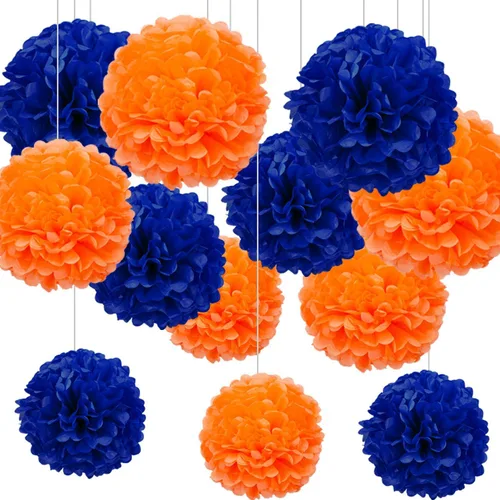 Vista 8 de Pompones de papel negro y naranja, pompones de tejido negro y naranja decoraciones colgantes, decoraciones de fiesta negro y naranja (12 unidades)