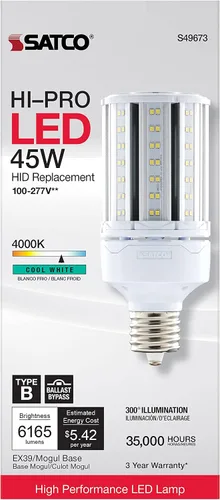 Vista 5 de Satco S49673 - Bombilla LED HID de mazorca de maíz, base extendida Mogul, 45 W, clasificación de 35000 horas, 6165 L, blanco frío 6,165 lumens