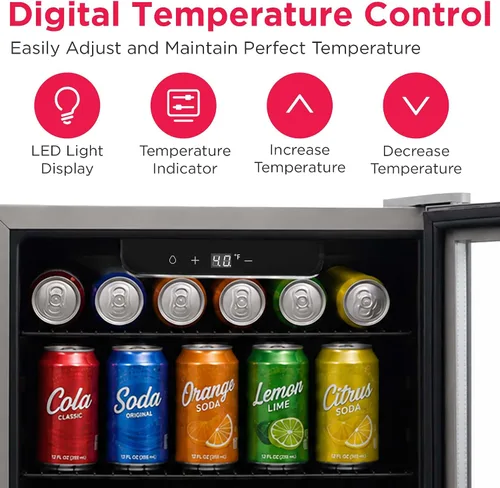 Vista 5 de Frigidaire EFMIS9O00, refrigerador de bebidas con puerta de vidrio, mini refrigerador compacto con control digital de temperatura que se adapta a 88