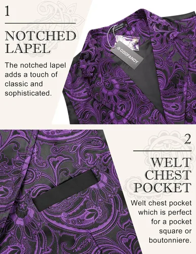 Vista 4 de COOFANDY Chaleco de traje con estampado de cachemira floral, estilo victoriano, gótico y steampunk, chaleco de esmoquin formal con solapas