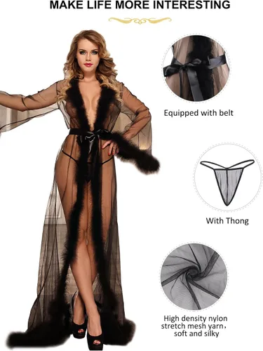 Vista 5 de ohyeahlady Bata larga tipo kimono para mujer, talla grande, sexy, de malla transparente, de piel, lencería, plumas, bata nupcial