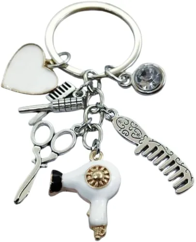 Vista 6 de Fuqimanman2020 Peine tijeras secador de pelo llavero con borla y diamante negro encanto peluquero estilista regalo joyería