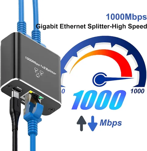 Vista 5 de Divisor Gigabit Ethernet Pushua 1 a 2 de Alta Velocidad, Divisor de Internet 1000Mbps 1 Entrada 2 Salidas, LAN con Cable de Alimentación USB, RJ45