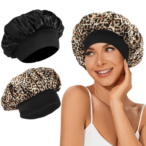 Vista 19 de 4 piezas de gorro de satén de seda, gorro de cabello para dormir, gorro de seda elástica de banda ancha para dormir, suave y transpirable Gorra