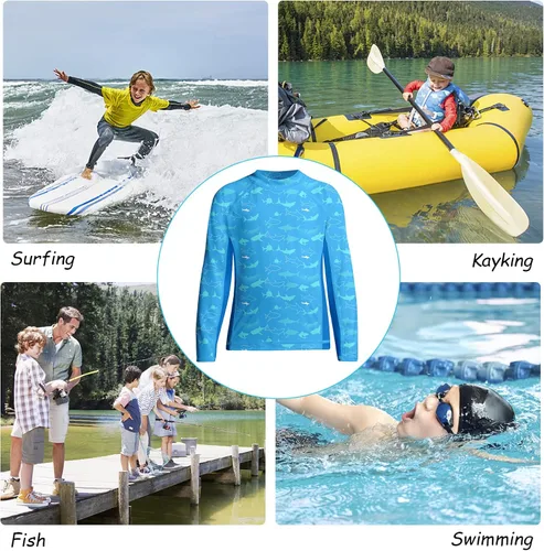 Vista 4 de Funnycokid Camiseta de natación de manga larga UPF 50+ para niños, protección UV, protección solar, natación, surf, 5-12 años