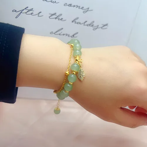 Vista 5 de CJIAYUJEW Hotan - Pulsera de hoja de jade natural de 2 capas de nefrita verde para mujer, diseño de cuentas redondas con dije de hoja de circón