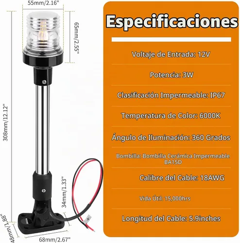Vista 6 de RVZONE 12" 180° plegable hacia abajo, 360° blanco LED barco ancla luz, IP67 Negro