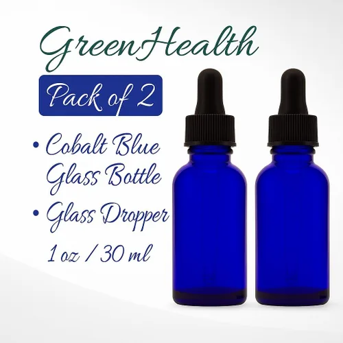 Vista 3 de GreenHealth – Pack de 2 – Botellas de vidrio azul cobalto de 1 oz con cuentagotas de vidrio Botellas rellenables para aceites esenciales