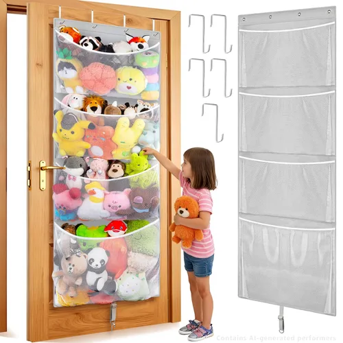 Vista 9 de Woodoulogy Almacenamiento de Animales de Peluche Colgante, Organizador Grande de Juguetes de Felpa Sobre la Puerta con Gancho de Metal, Soporte