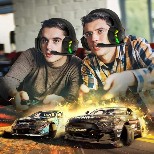 Vista 7 de MANBASNAKE Auriculares para juegos para PS4, PC, Xbox One PS5, auriculares con cancelación de ruido sobre la oreja con micrófono ajustable, luz RGB