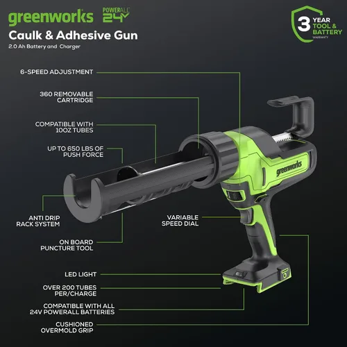 Vista 2 de Greenworks Pistola de calafateo y adhesivo inalámbrica de 24 V de 10 onzas, antigoteo de 6 velocidades con batería USB de 2 Ah y cargador de 2 A