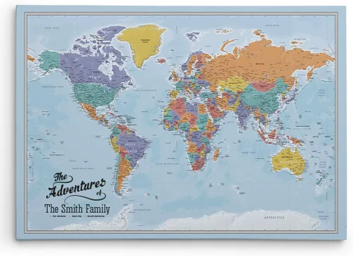 Vista 25 de Póster personalizado en lienzo enrollado con mapa del mundo, arte de pared con chinchetas – Grande 24" x 36" mapa del mundo de océanos azules