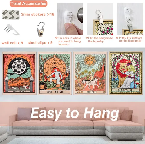Vista 4 de ZeeDix Paquete de 4 Tapices de Cartas de Tarot para Colgar en la Pared, Lindo Arte Bohemio Hippie Espiritual con Sol y Luna, Estrellas, Fuerza
