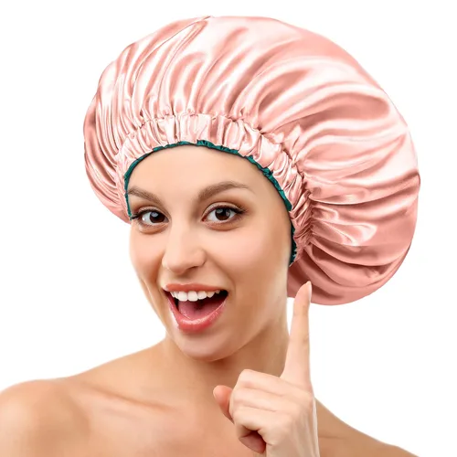 Vista 9 de mikimini Gorro de satén para hombres y mujeres, gorro de dormir reversible de doble capa para trenzas de cabello con banda elástica ajustable