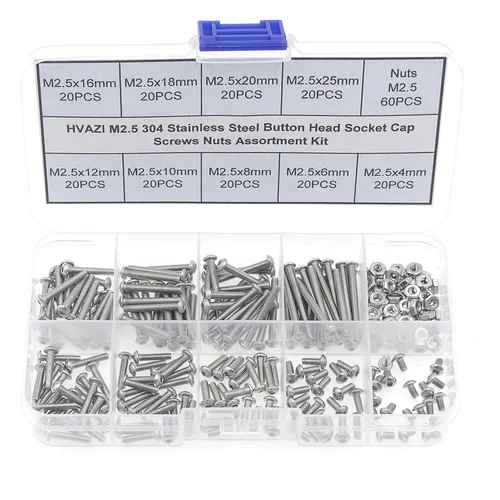Vista 9 de Metric M2 304 - Kit surtido de tornillos y tuercas de cabeza de botón de acero inoxidable 9 Sizes, 4-25mm Length, Fully Threaded, Metric ISO7380