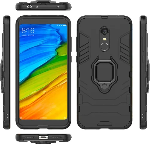Vista 5 de LuluMain Compatible con Redmi 5+ Funda, soporte de anillo de metal a prueba de golpes (funciona con soporte magnético para automóvil), cubierta Negro
