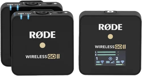 Vista 2 de Rode GO II Sistema de micrófono inalámbrico de doble canal, transmisión digital serie IV de 2.4 GHz, cifrado de 128 bits, salida analógica TRS