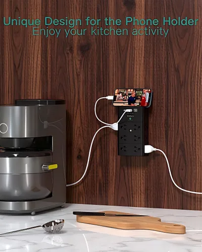 Vista 6 de Addtam Toma de pared con enchufe múltiple, protector de sobretensiones con extensor de 12 tomas de corriente de 4 lados y 3 puertos USB (1 USB-C)