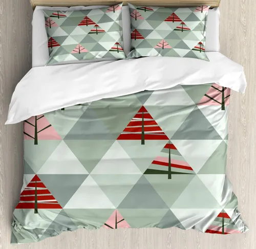 Vista 21 de Ambesonne Juego de funda de edredón natural, pájaros flamencos y palmeras en Miami, exóticos paisajes naturales tropicales, juego de ropa de cama
