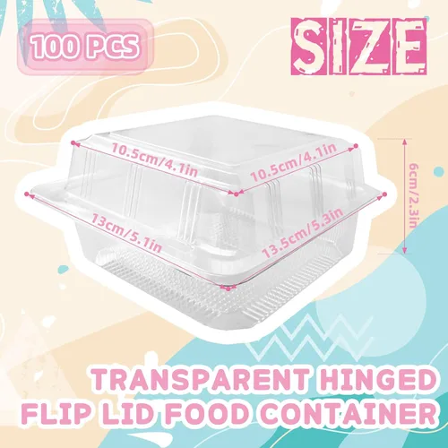 Vista 2 de Haawooky 100 Piezas Recipientes de Comida Cuadrados de Plástico Transparente con Bisagras, Bandeja Desechable tipo Concha para Rebanadas de Pastel