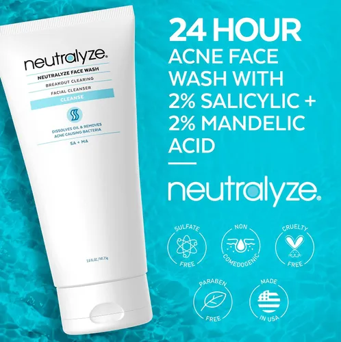 Vista 3 de Neutralyze Jabón facial de ácido mandélico para pieles propensas al acné, limpiador diario de ácido salicílico al 2% con sistema DuoClear, sin