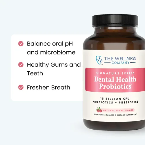 Vista 6 de The Wellness Company Probiótico para la salud dental – Limpieza del mal aliento, soporte para el microbioma bucal, dientes y encías frescos – 15 mil