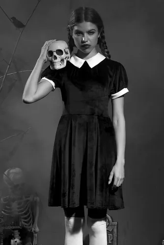 Vista 3 de Spadehill Halloween Women's Costume Velvet Peter Pan Collar Black Dress
