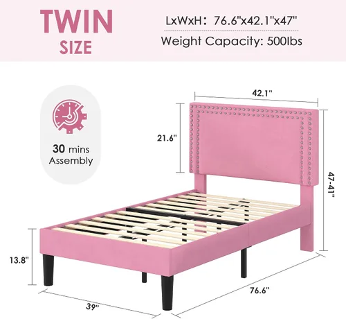 Vista 121 de VECELO Base de cama de plataforma de tamaño individual con cabecera tapizada de altura ajustable, base de colchón moderna, soporte de listones