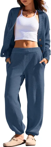 Vista 3 de Yanekop Conjunto de dos piezas para mujer con cuello en V y botones y suéter de punto acogedor