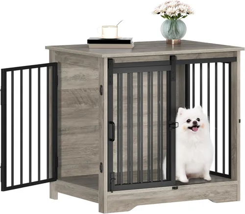 Vista 13 de Hzuaneri Mueble de jaula para perros de 27.2 pulgadas con puerta de granero, perrera resistente para interiores con 2 puertas, mesa auxiliar jaula