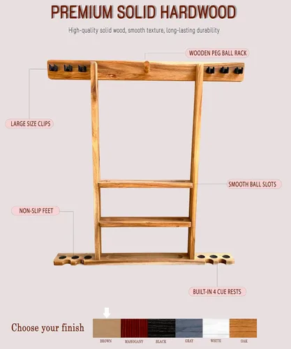 Vista 2 de Soporte de pared para tacos de billar de madera maciza para 6 tacos con almacenamiento completo de bola, 4 soportes para tacos, estantes de bolas